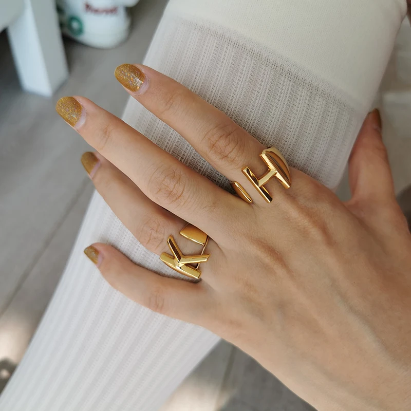 Classic 18K Gold Plated  26 Letter Rings for Women Trendy Chunky Open Initial Ring Gift with Black Jewelry Box