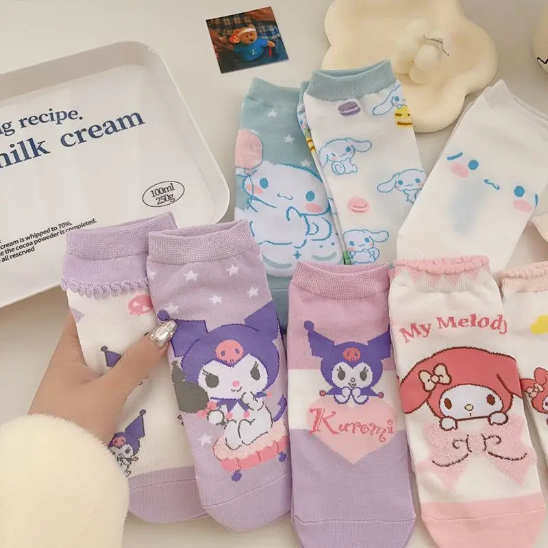 3Pcs Kawaii Sanrio Socks Kuromi Cinnamoroll Anime Cute Student Autumn Thin Comfortable Breathable Cartoon Socks Toys for Girls