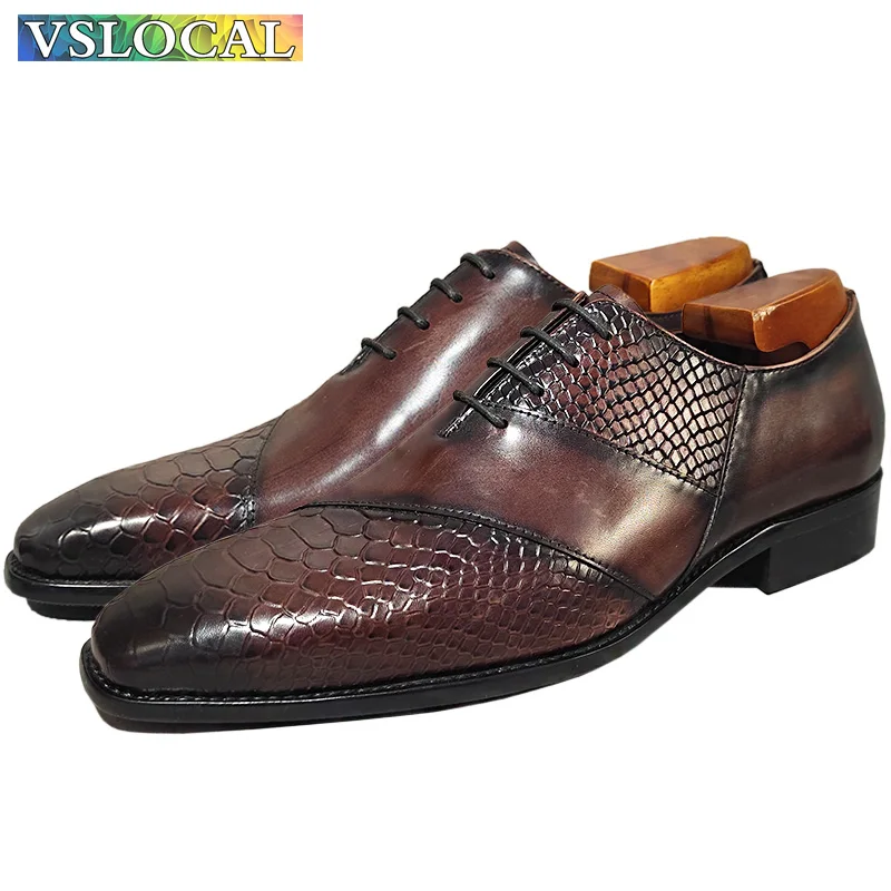 Luksusowa marka Mężczyźni Oxford Shoes Lace up Cap Toe Coffee Black Formal Mens Dress Shoes Snake print Genuine Leather Shoes Men