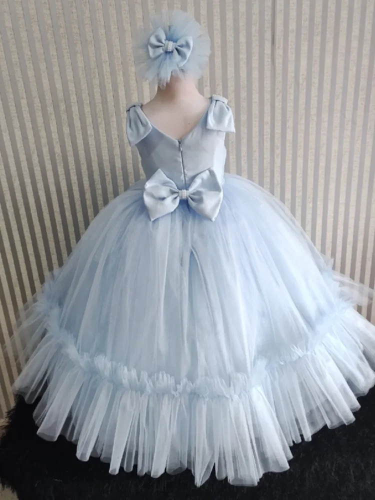 Sky Blue Flower Girl Dresses Tulle Puffy Pearls Belt With Bow Sleeveless For Wedding Birthday Party Banquet Princess Gowns