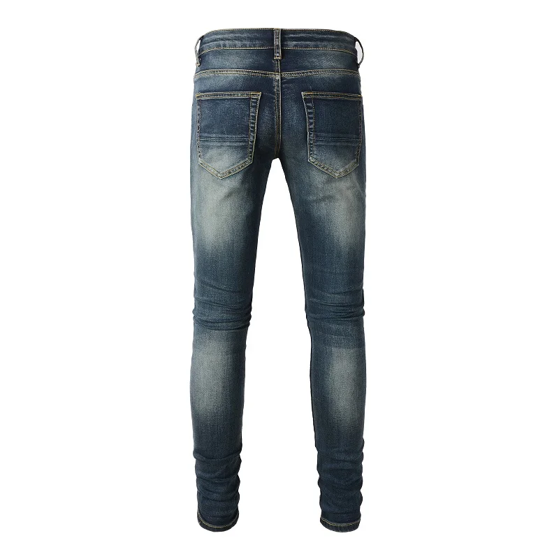 Classic Distressed Blue Holes Leather Ribs Patchwork High Quality Stretch Skinny No Brand Tags Ripped Jeans Men