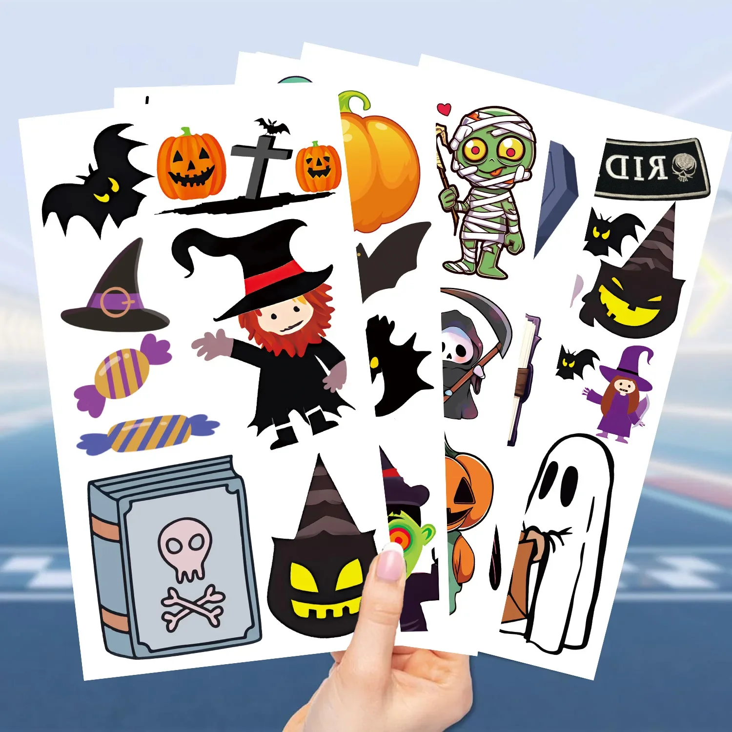 10Pcs Cartoon Cute Halloween Tattoos Sticker Waterproof Kawaii Pumpkin Head Skeleton Cosplay Halloween Party Prop Kids Gifts