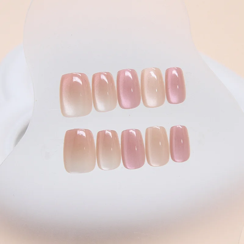 24pcs Gradient Cat Eye Short Ballet Press on Acrylic Nails Nail Tips Short Fake Nails with Design Reusable Woman False Nails Set