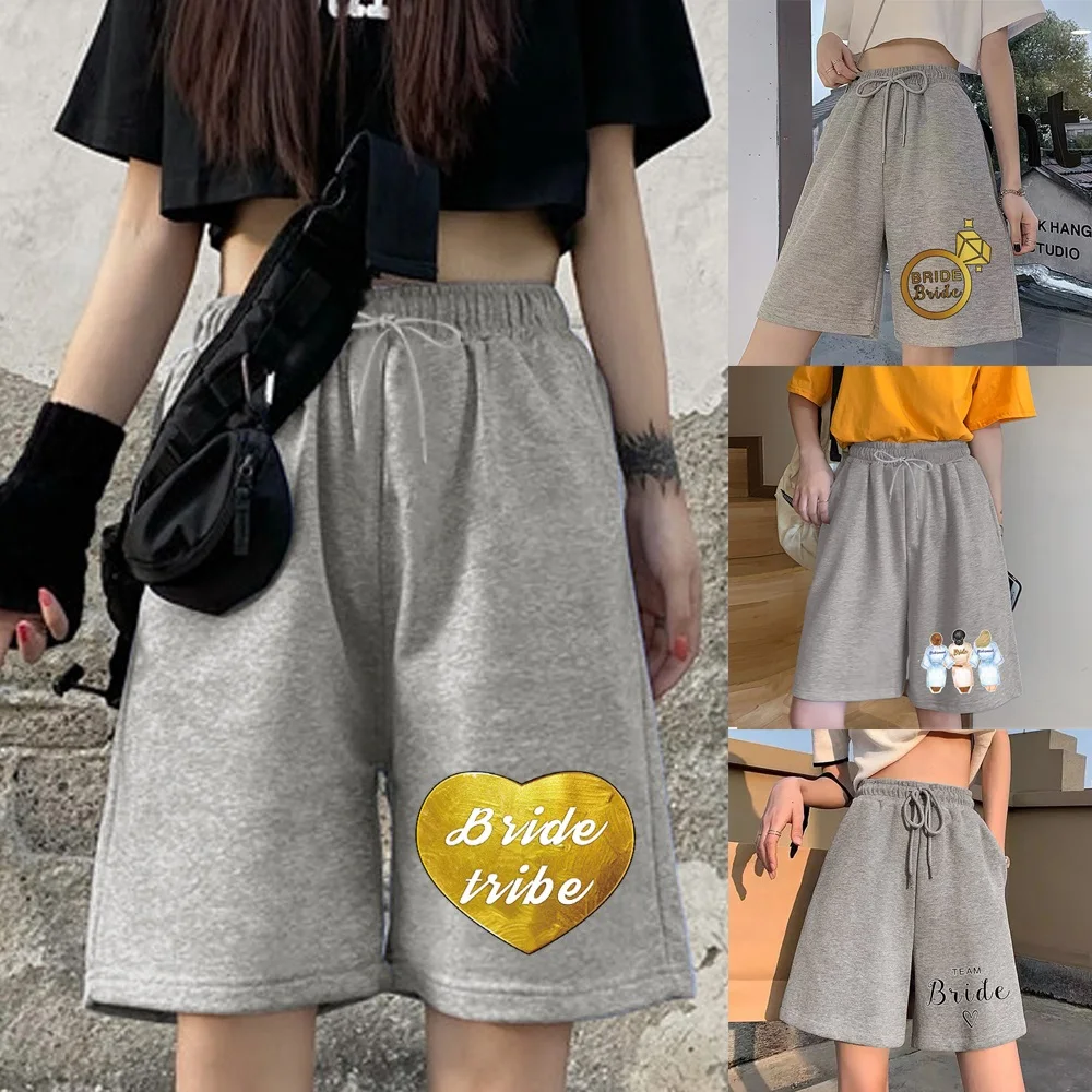 Women's Fashion Gray Shorts Bridal Print Series Street Women's Loose Shorts Student Harajuku Elastic Band Cropped Pants