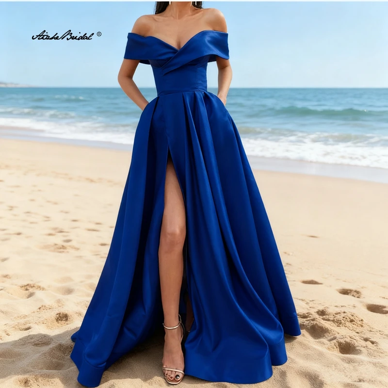 

Off the Shoulder Women's Formal Dress Royal Blue Long Evening Dresses with Leg Slit Prom Dress robe de soiree