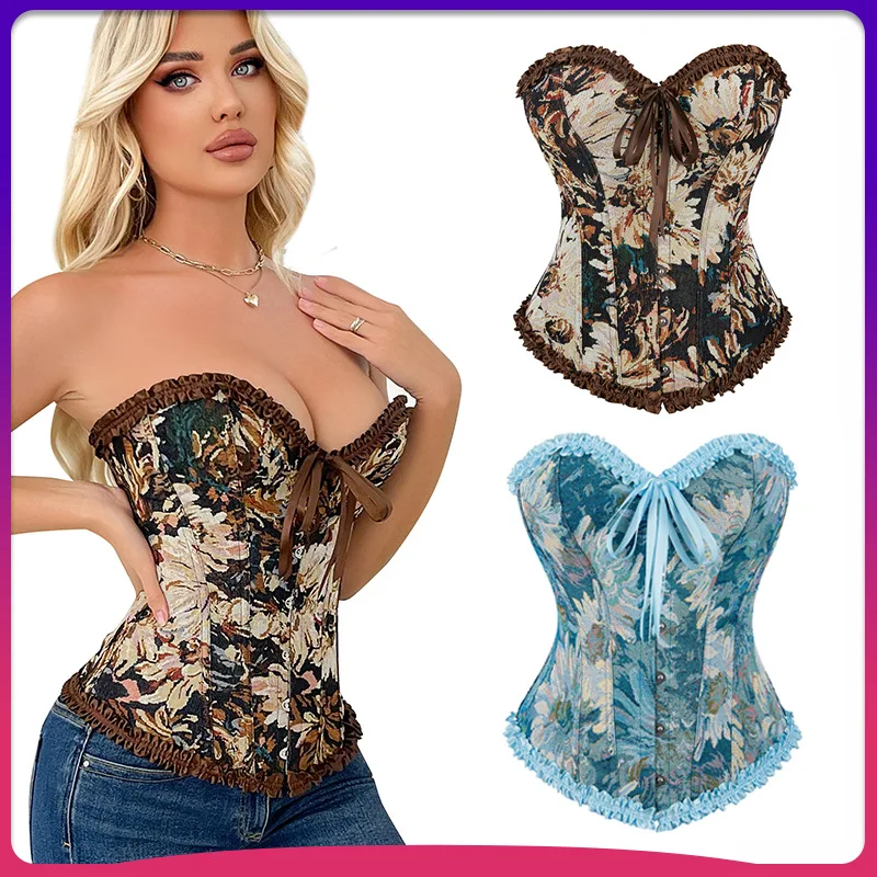 

New oil painting flower corset bow classical court style pull rope strap hourglass waist clothes