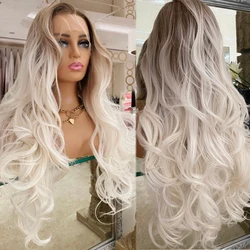 Heat Resistant Human Synthetic Mix wig Ombre Platinum Lace Front Wig Dark Brown Roots Transparent Swiss Lace Daily/Party Wearing