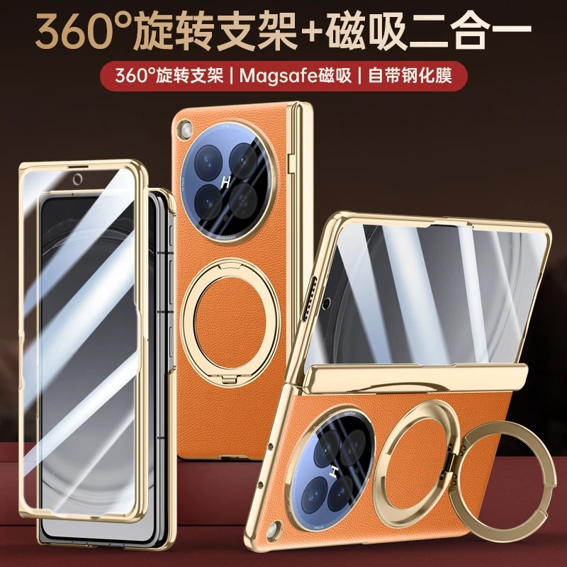 For OPPO Find N6 Case Luxury Leather Magnetic Wireless Charging With Tempered Film Rotating Bracket Protective Cover Accessories