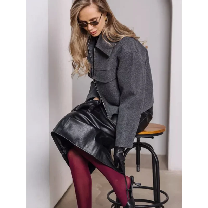 Wollmantel, große Tasche, langärmelig, Top, 2025, Herbst und Winter, neuer Stil, Reversjacke, Strickjacke für Damen