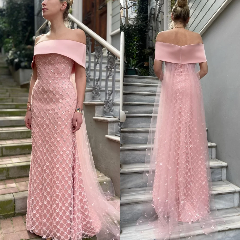 Robe Trapèze Personnalisée en Jersey avec Perles, Tenue Longue, Drapée, Plissée, Épaules Dénudées, sur Mesure, pour Occasions