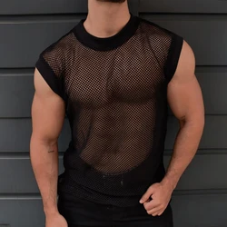 Sexy See Through Mesh Casual T Shirt Men Spring Breathable Hollow Out Sleeveless Tank Top Mens Summer O Neck Solid Camisoles 3XL