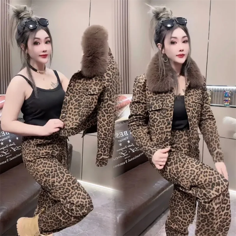 Autumn Winter Female Coat Slacks Leopard Print Two-Piece Suit 2025 New Loose Fur Collar Women's Clothes Trousers Jacket Sets