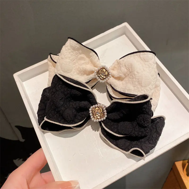 1pc French elegant small fragrance bow pearl double-layer top clip spring clip girl hair clip hair accessory clip headband