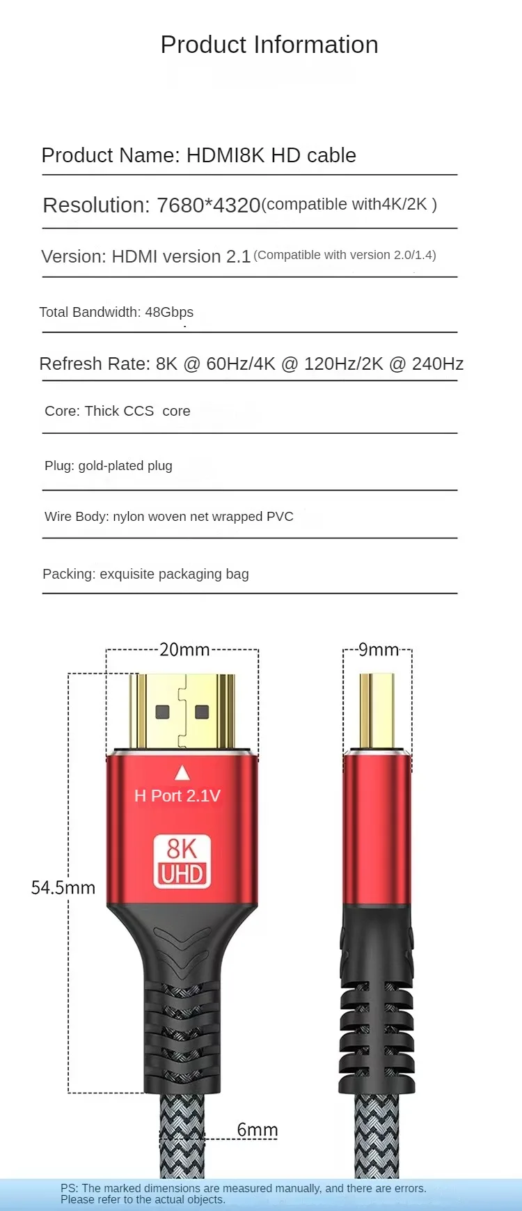 8K HDMI2.1 Kabel High Speed HDMI 8K Kabel 60HZ 2,1V 4K 144HZ 3D TV Computer Monitor Projektor PS Spielkonsole Audio und Video – Detail 4