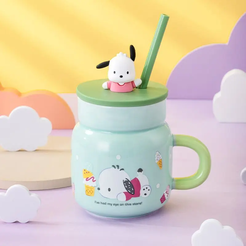 Kawaii سانريو POCHACCO كوب سيراميك مكتب كوب ماء مع القش لطيف شرب كوب مع غطاء أنيمي الكرتون فتاة هدية عيد ميلاد اللعب