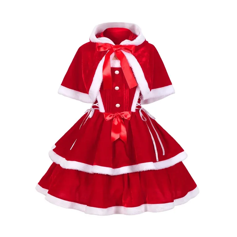 

New Year Women's Red Party Dress Cute Christmas Cosplay Costume Mrs Santa Claus Halloween Costumes with Hooded Cloak t