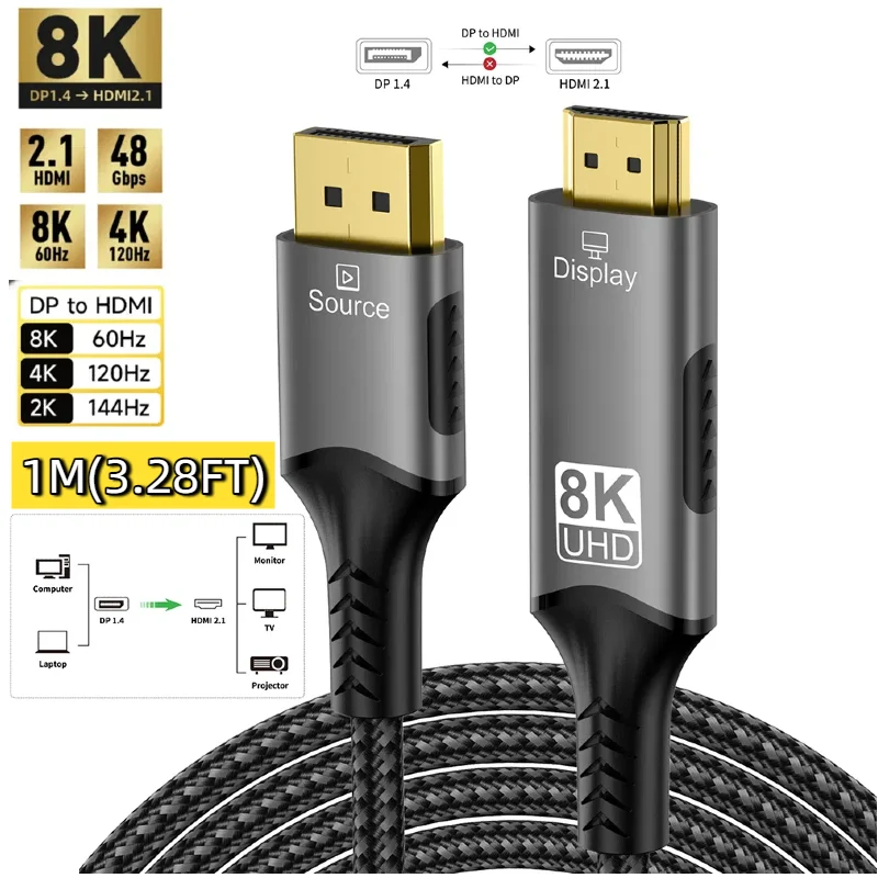 8K@60Hz DisplayPort naar HDMI-kabel Unidirectionele DisplayPort naar HDMI-kabel Gevlochten kabel Compatibel voor HDTV/MacBook/Xbox