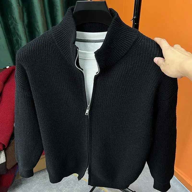 Gray Zipper Knitted Sweater Men's Style Autumn Winter Loose Fit Vintage Collar Coat Youth Casual Long Sleeve  Color