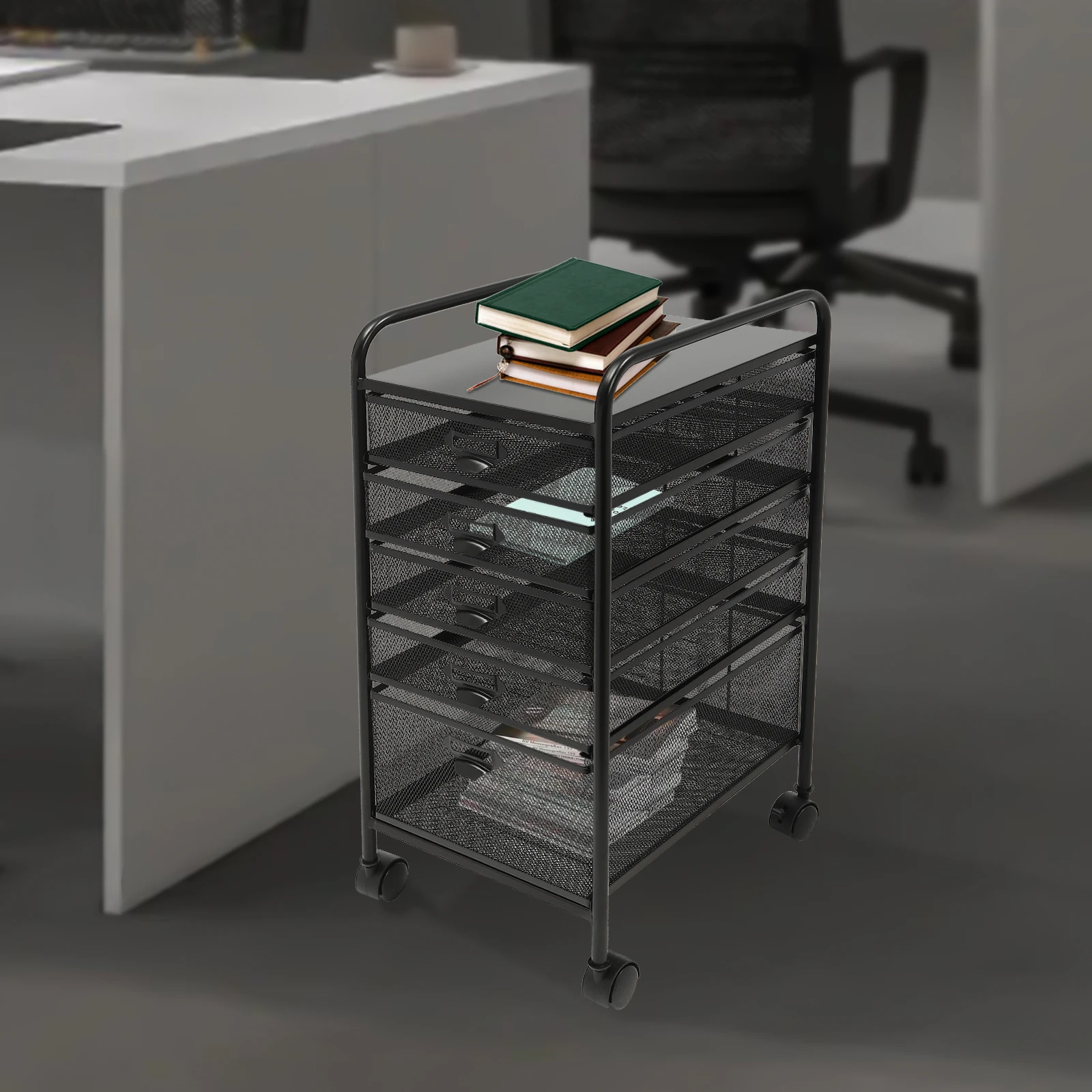 5-Layer Metal Grid Drawer File Storage Rack - Black for office school to store office supplies, folders, personal items