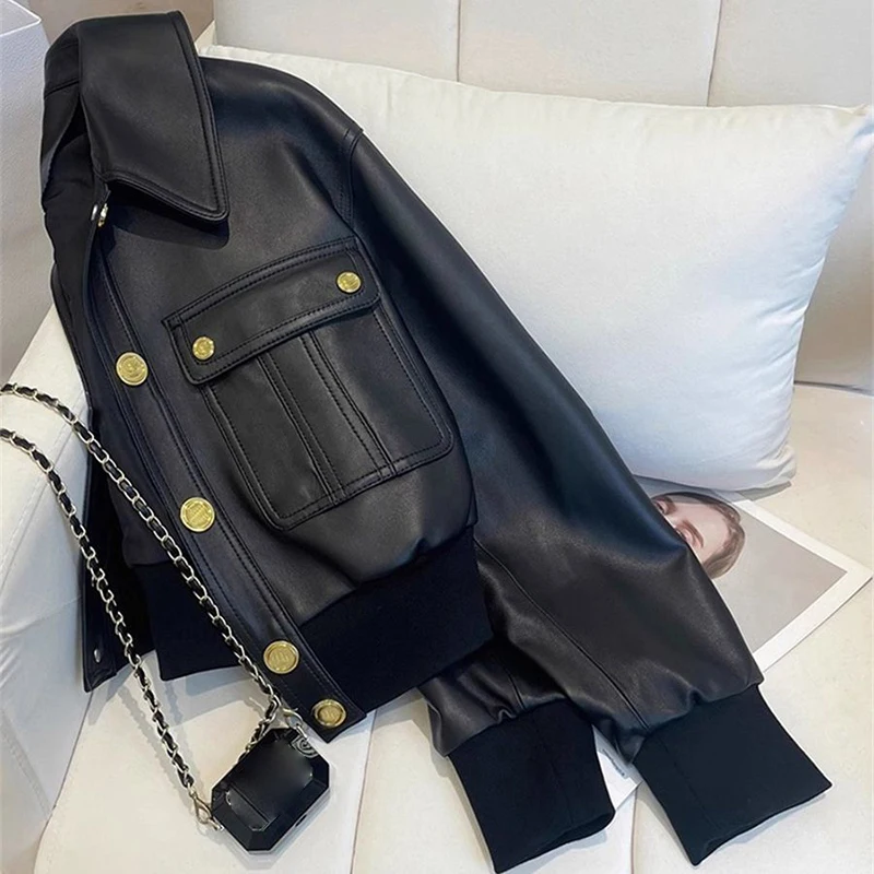 Chic Black Lapel Women Jacket Gold Buttons Flap Pockets Moto Short Coat Cropped Ribbed Trim Y2K Biker Streetwear Outerwear Top