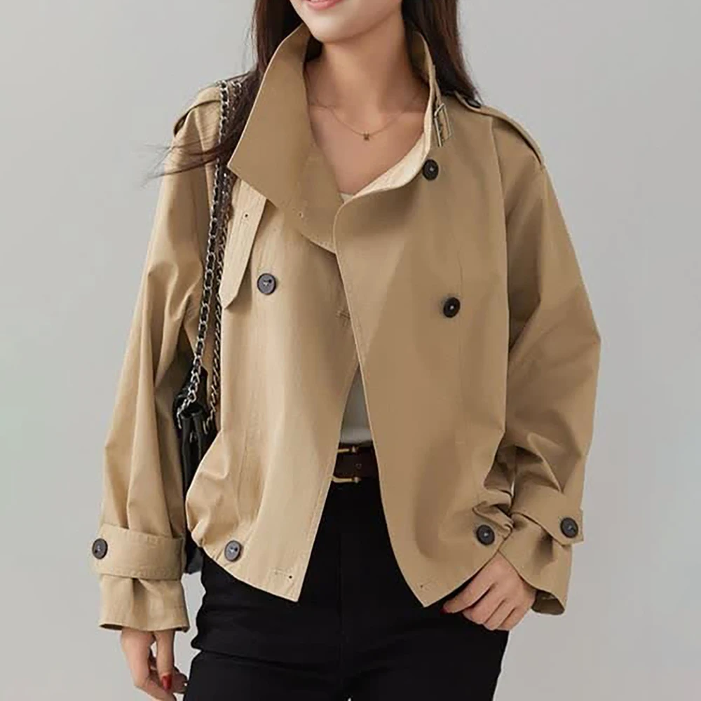 TWOTWINSTYLE Solid Casual Short Trench For Women Lapel Long Sleeve Patchwork Double Breasted Loose Coats Female Fashion Style