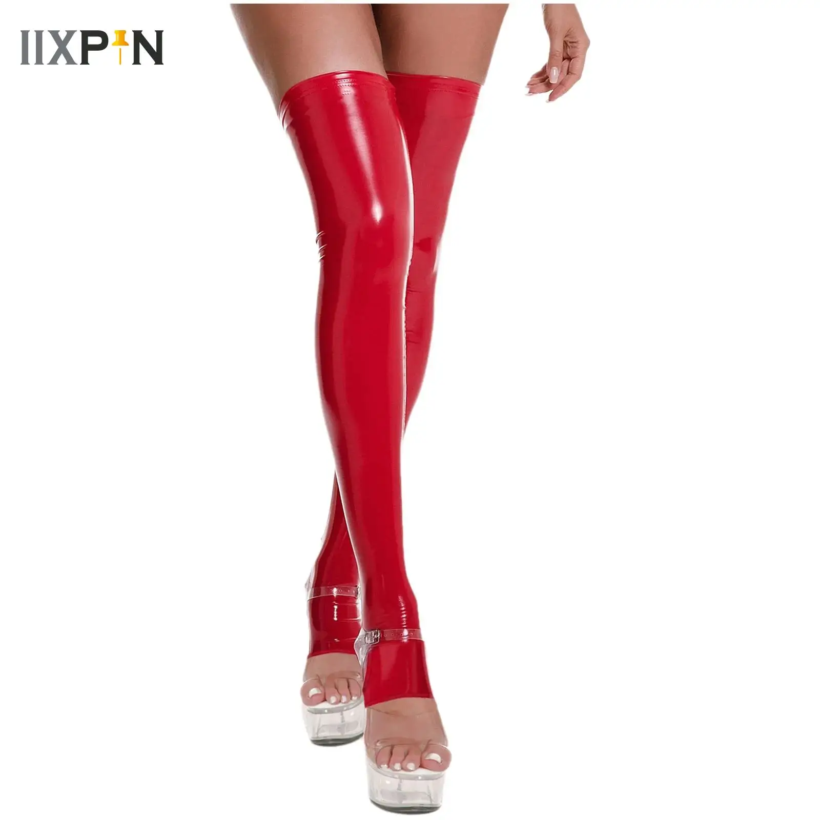 

HOT Night Club PVC Latex Stockings Ladies Faux Leather Thigh High Medias Women's Long Stockings Exposing Toes Over Knee Socks
