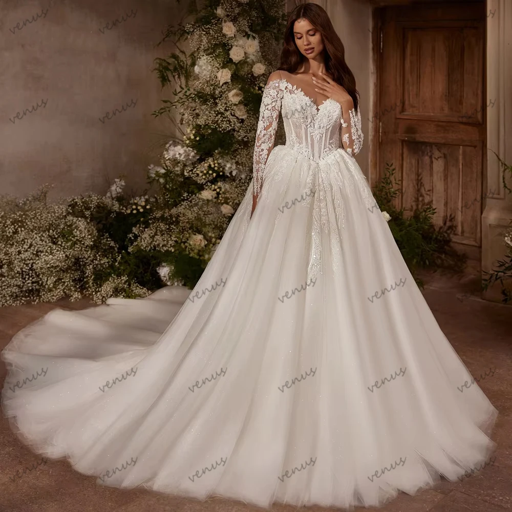

Pretty Wedding Dresses Sparkling Bridal Gowns Lace Beading Appliques Full Sleeves Robes Charming Vestidos De Novia Customized
