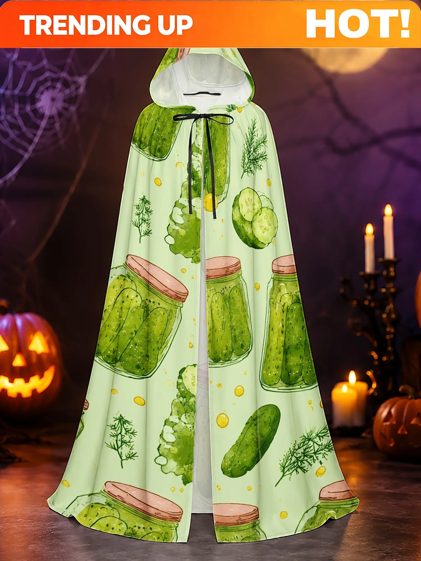 Customization 1pc Adult Hooded Costume Cloak With Green Pickles And Herbs Pattern, Polyester Fabric For Halloween And Christmas