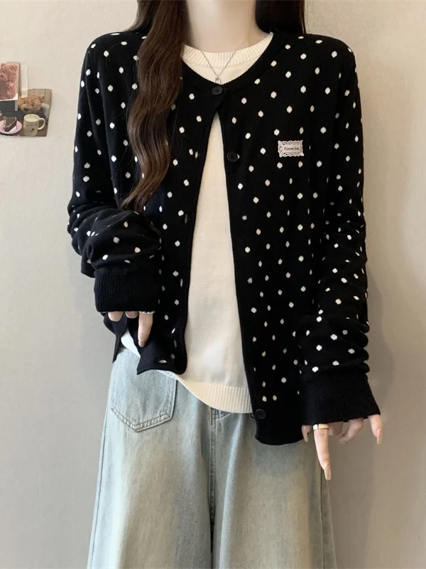 

plus Size Women's Polka Dot Knitted Open Cardigan Top Lazy Sle Sweater Coat Autumn Winter High Waist Straight Cut Korean Ve...