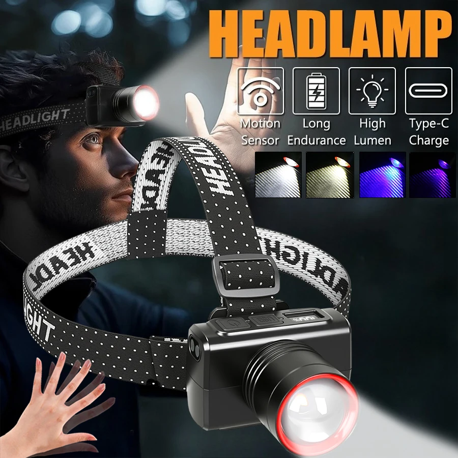 High Power LED Induction Headlight Rechargeable Sensor Headlamp 90 ° Adjustment UV Flashlight Camping Pet Urine Scorpion Dector