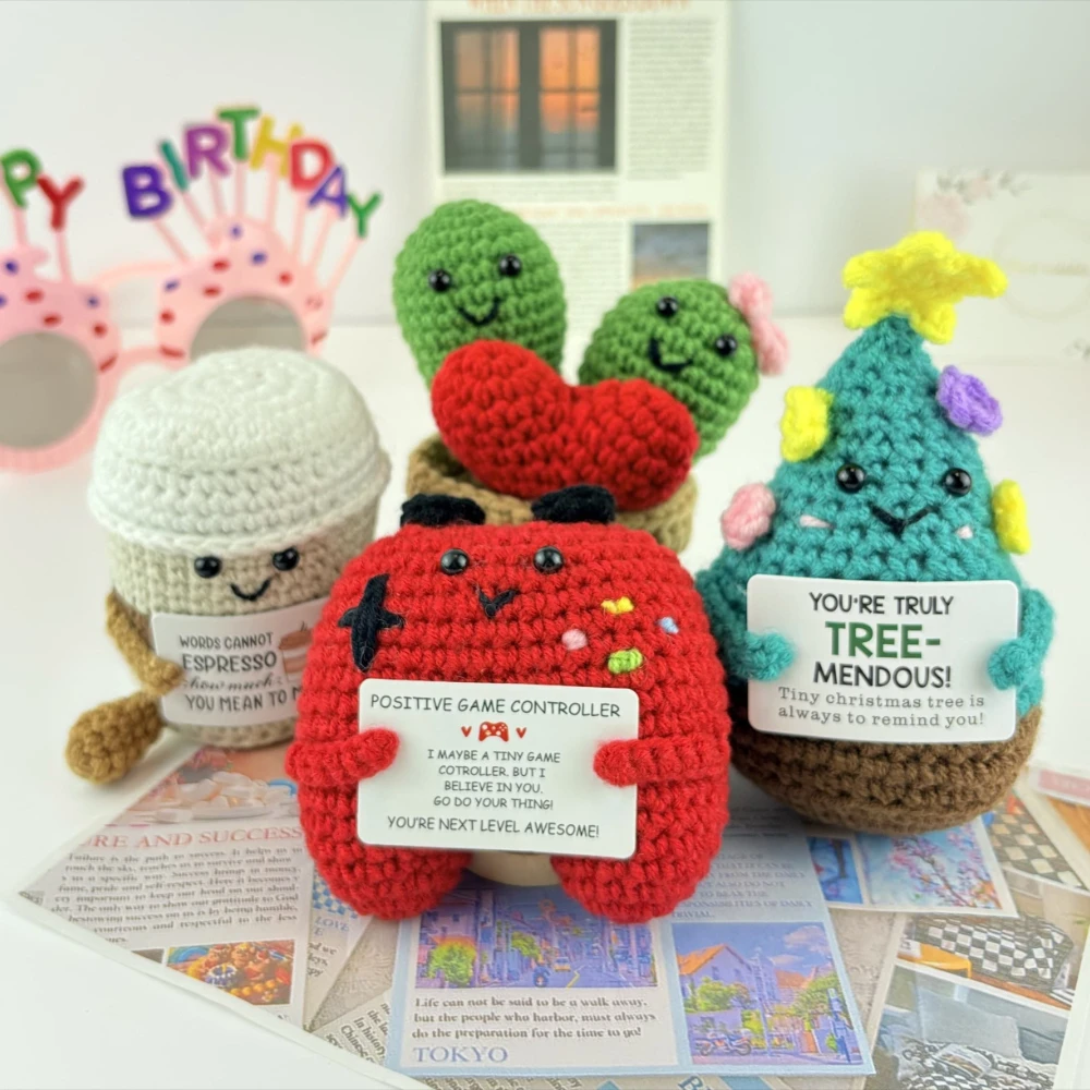 Funny Handmade Crochet Coffee Mug Potato Beer Bees Dog with Card Cute Desktop Ornament Knitted Holiday Gifts Home Office Decor