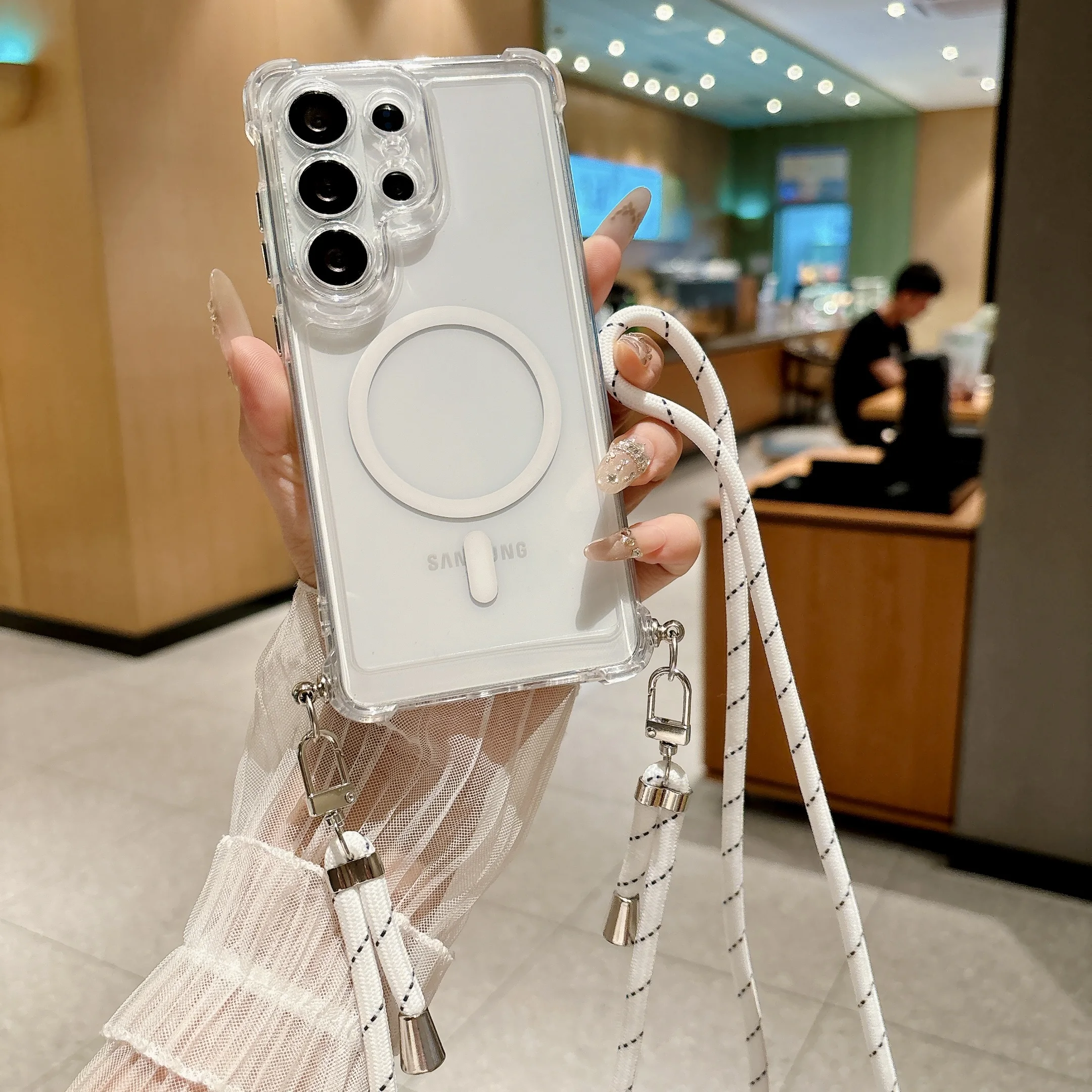 Clear Magnetic Lanyard Phone Case For Samsung Galaxy S26 S25 S24 S23 S22 S21 S20 Ultra FE Edge Reinforced Corner Anti Drop Cover