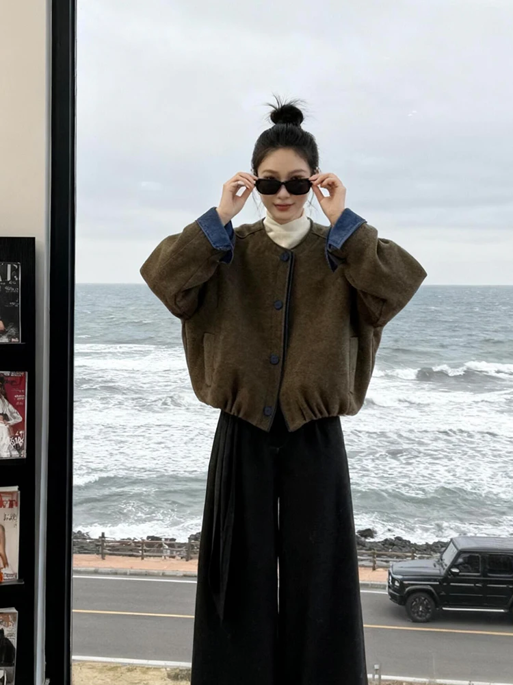 Retro American Suede ort Jaet Women's Loose Casual Sle Autumn Winter Top Small Size Faionable Leisure Outerwear