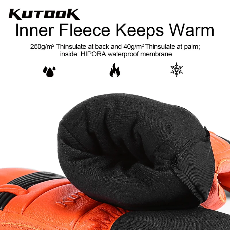 KUTOOK Goat Skin Winter Ski Gloves Mittens Thermal Skiing Snowboard Gloves for Men Leather Mountaineering Protection Accessories