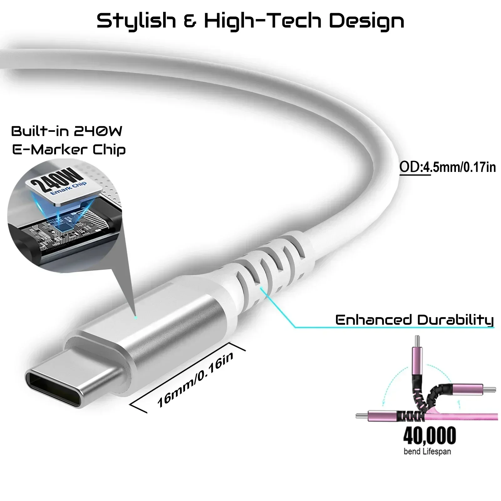 Parallel World USB-C to USB-C Charging Cable 240W High-Quality Type-C Cable with Built-in E-Marker Chip