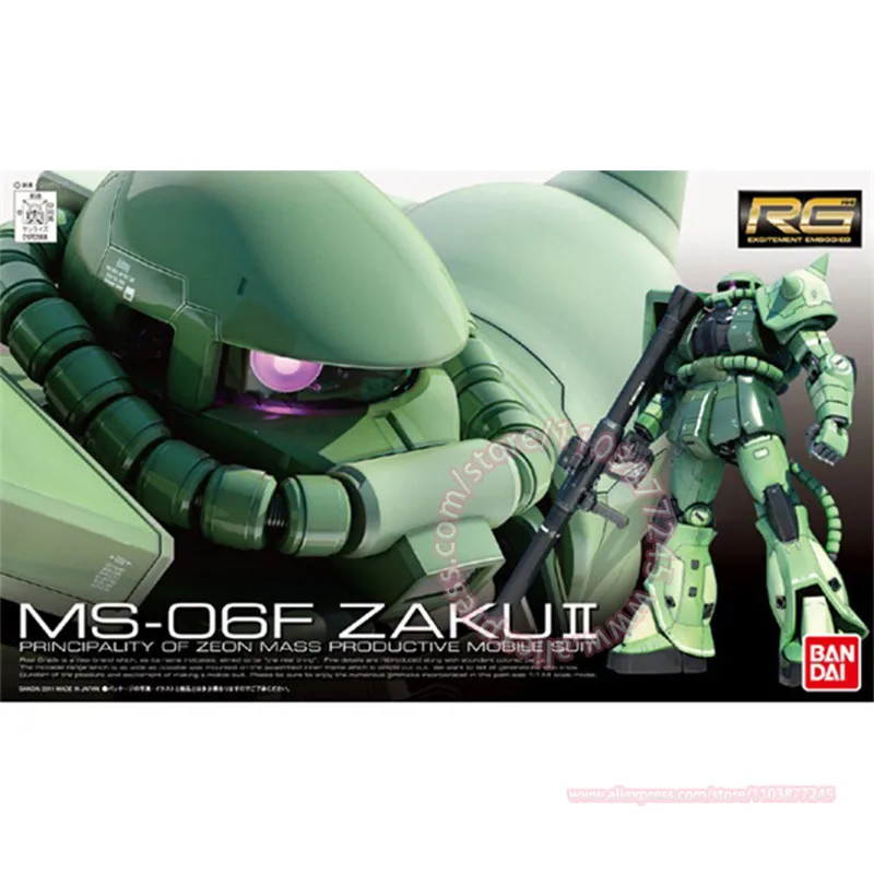 BANDAI RG 1/144 MS-06F Zaku II Mass ประเภทการผลิตอินเทรนด์รูปของเล่นเด็กเดสก์ท็อปเครื่องประดับประกอบคริสต์มาสของขวัญ