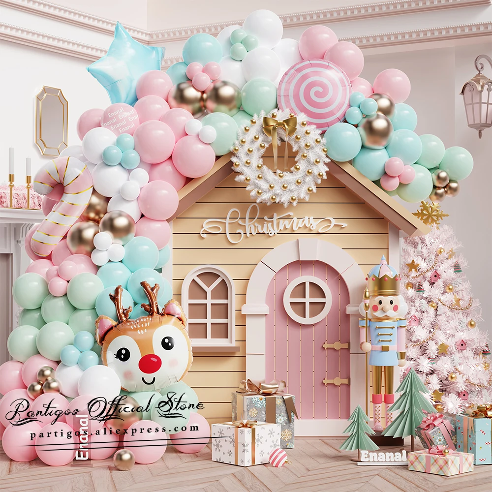 

121Pcs Pink Christmas Balloon Arch Garland Kit Candy Cane Reindeer Pearl Blue Five-pointed Star Foil Balloon Xmas Decor Globos