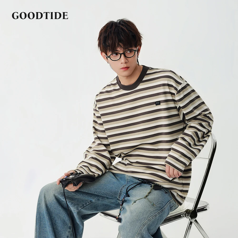 Fashion Men's Casual Long Sleeve T - Shirt 2025 Autumn Striped Pattern Contrast Collar Patch Detail Comfortable Loose Fit Top