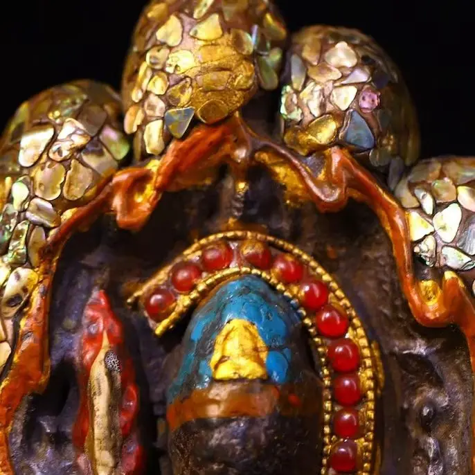 9”Old Xizang Folk Collection Old Meteorites Mosaic Gem gZi Beads Shell Painted Buddha's Hand Manjusri Bodhisattva Sitting Buddh