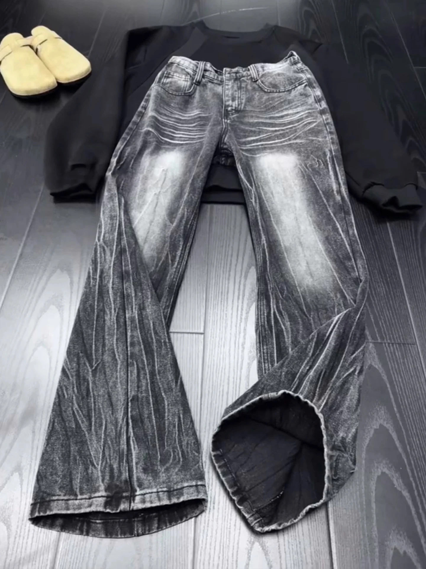 

Retro Cleanfit Slim Fit Fce Lined Bell Bot Denim Jeans Men's Winter Warm Straight Leg Lightning Pattern Casual Jeans