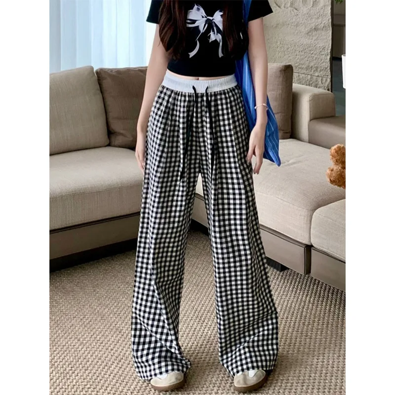 Summer Thin Blue Lattice Pant Women Korean Quick Drying Straight Casual Pants Baggy Elastic Waist Wide Leg Trousers Female 2024