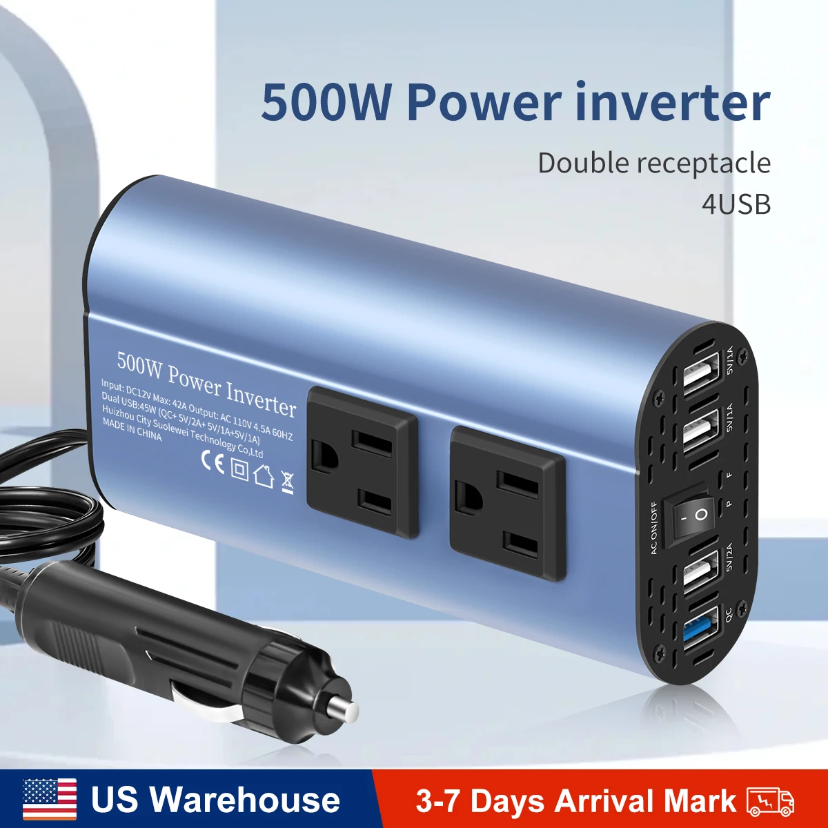 

American socket Double receptacle 4USB 500W Modified Frequency Inverter DC12V To AC110V Ports Car Adapter Portable Inverter