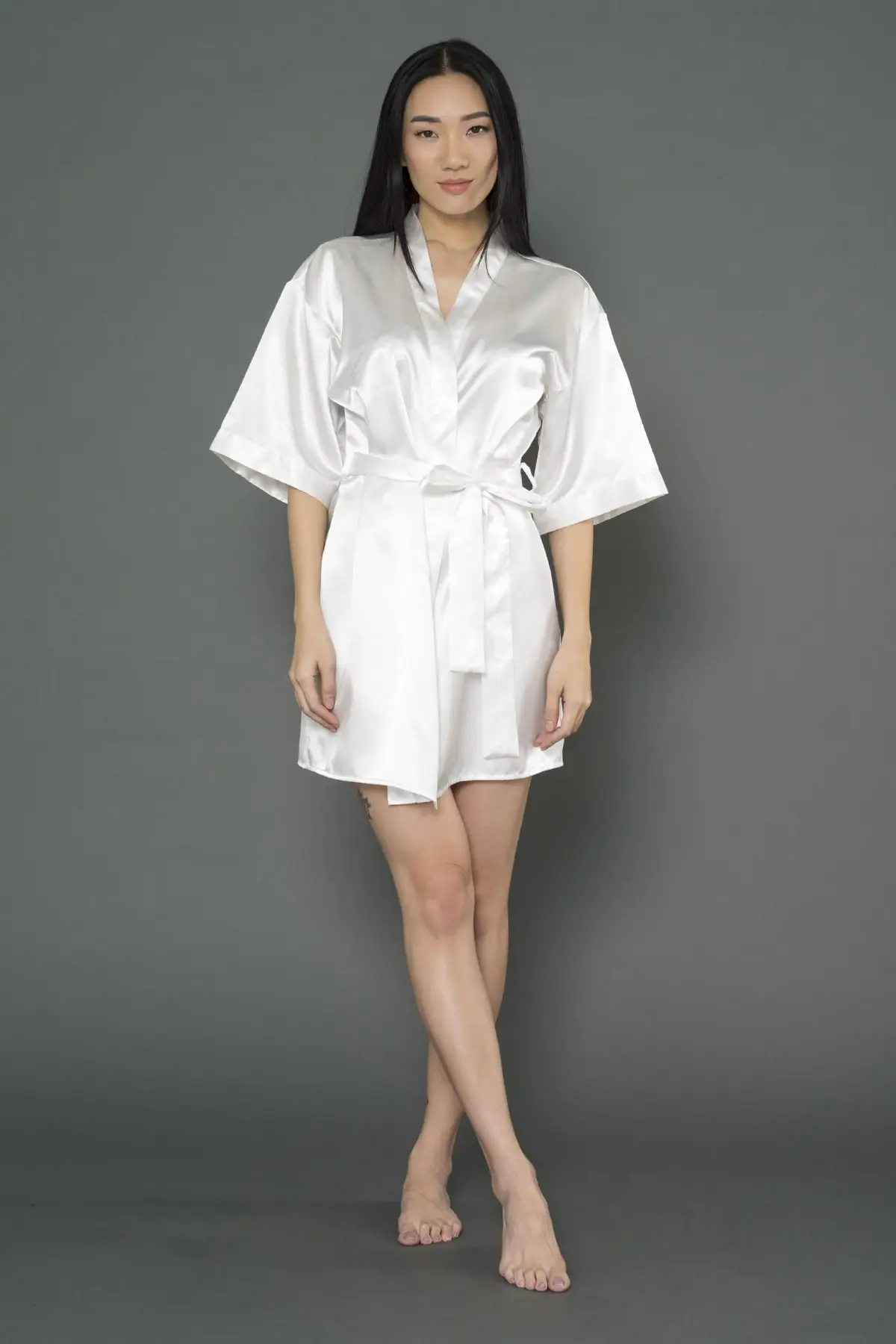 Bride Satin Summer Dressing Robe White Solid Mini Above Knee V Neck Women Nightgowns Textile Premium Quality 2021 New Season