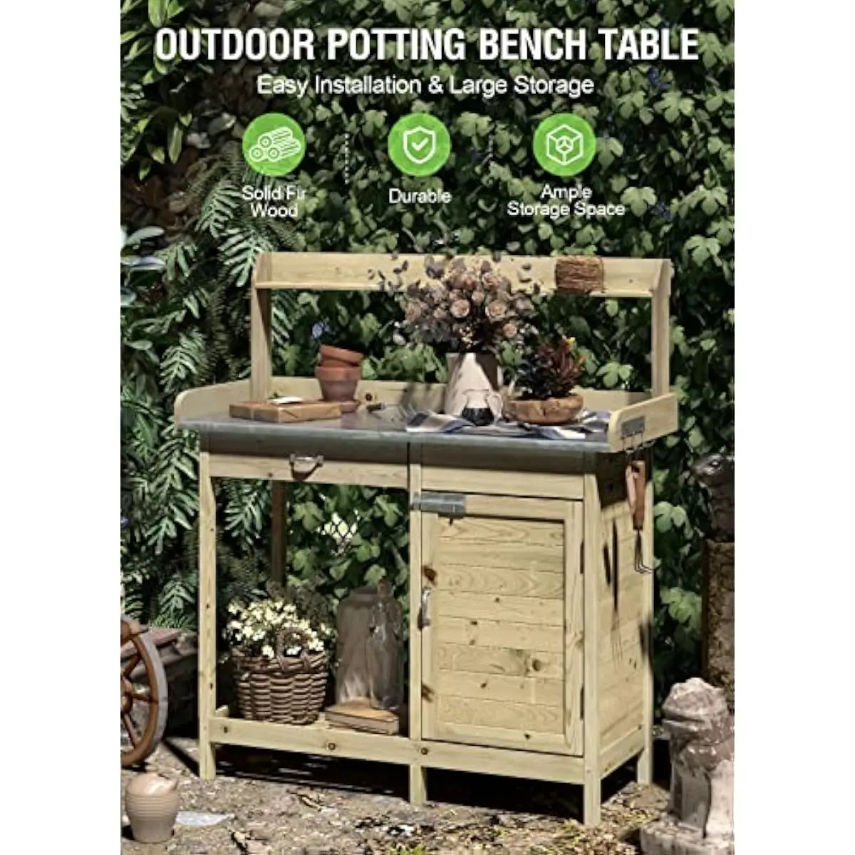 Outdoor Potting Bench with Stainless Steel Tabletop and Storage Shelves, Wooden Garden Workstation for Planting Repotting Gardening Tools