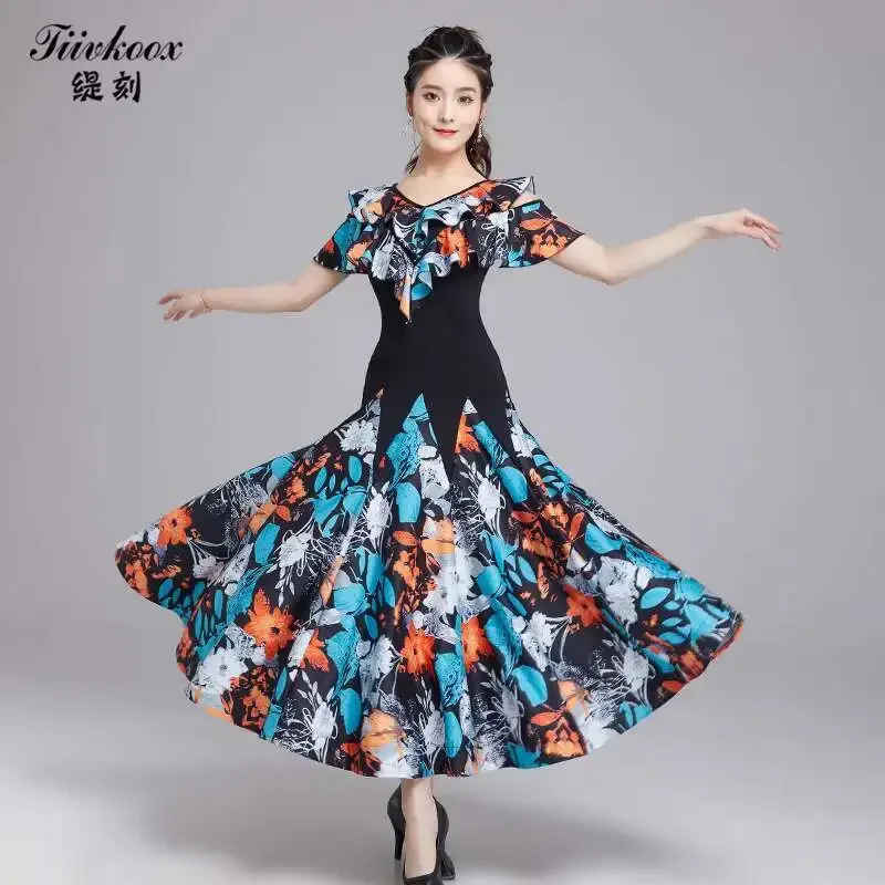 Moderne dansrok Dames Nieuwe Latin Dance Standaard Dans Wals Sociale Korte Mouw Grote Swing Rok Oefenjurk
