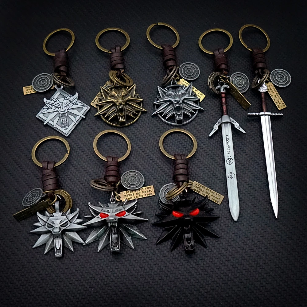 Голова волка с кожаным кулоном-брелок TW3 Game The Geralt Silver Steel Sword Yennefer Cirilla Key Ring llaveros для оптовой продажи