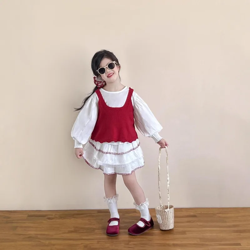 

Girls Set 2025 Autumn Korean Style Elegant Red Knit Vest Puff-sleeve Blouse Embroidered Lace Skirt Three Piece Set