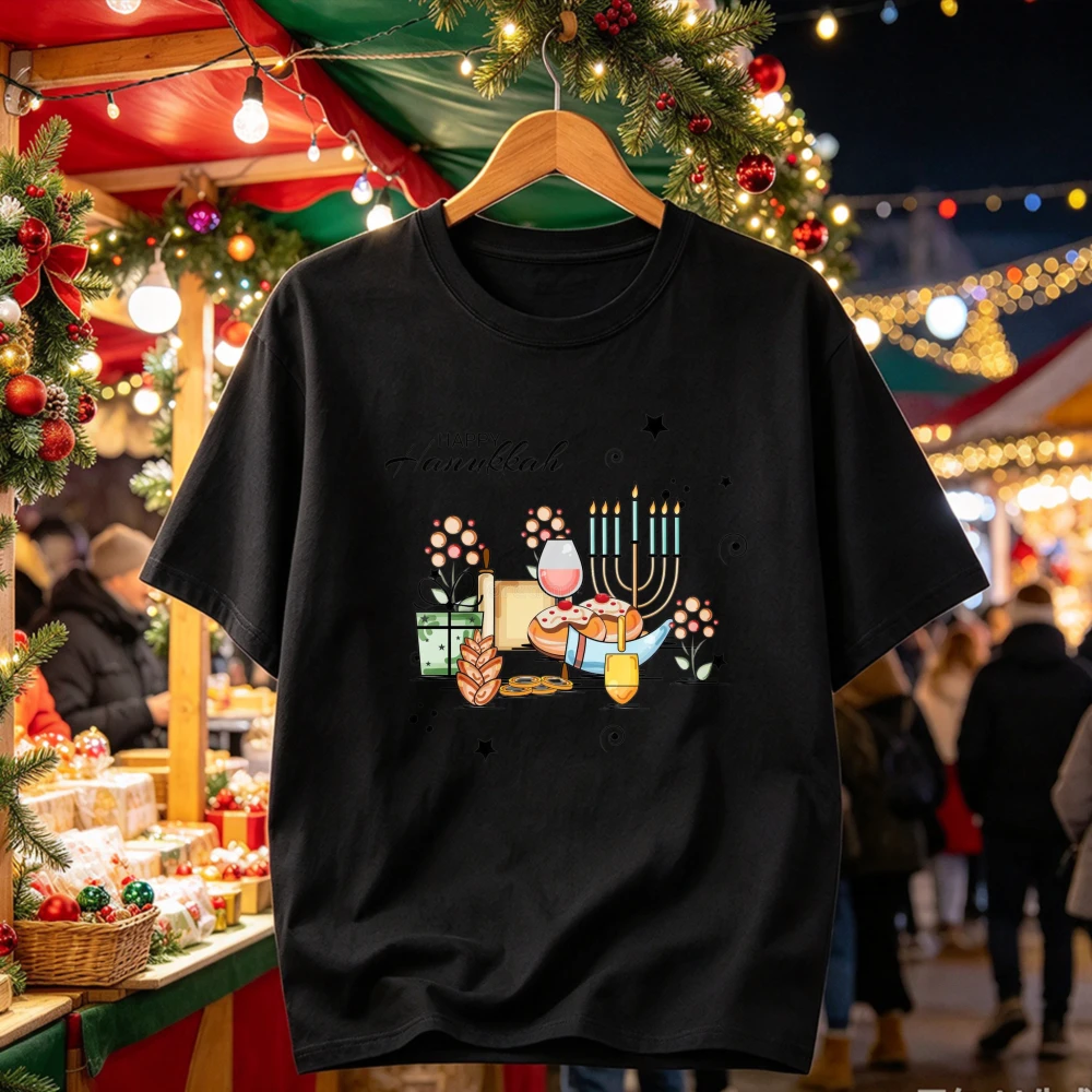 Happy Hanukkah Menorah Dreidel Wine Sufganiyah Gift Floral Graphic Print Tees Cute Traditional Jewish Festival of Lights T-Shirt