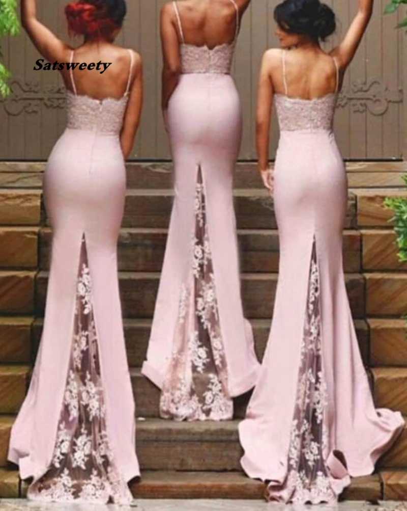 Sexy Bridesmaid Dresses Spaghetti Strap Vestido De Festa De Casamento Sheer Lace Applique Blush Peach Long Bridesmaid Dresses