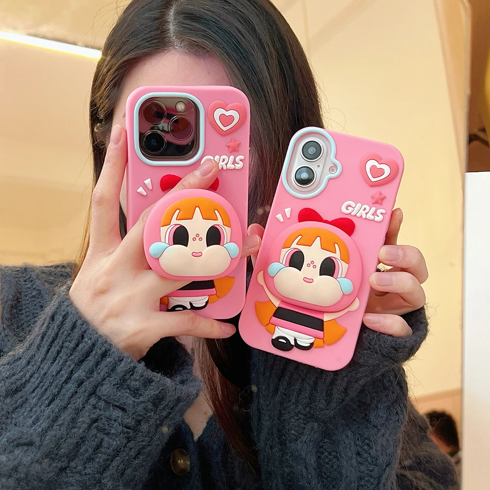 POP CRYBABY The Powerpuff Girls Case Soft Silicone Cover With Stand Holder for iPhone 11 12 13 14 15 16 Plus Pro Max